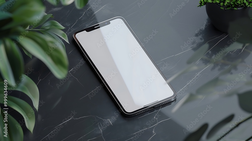 Poster smartphone with white screen on the table. 3d rendering.