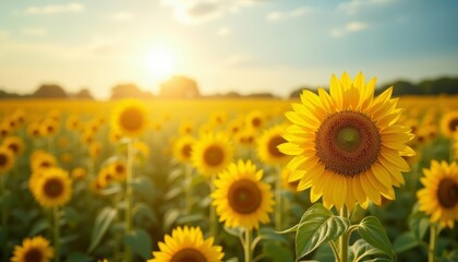 Fototapeta premium Sunflower field at sunrise a symbol of hope and happiness