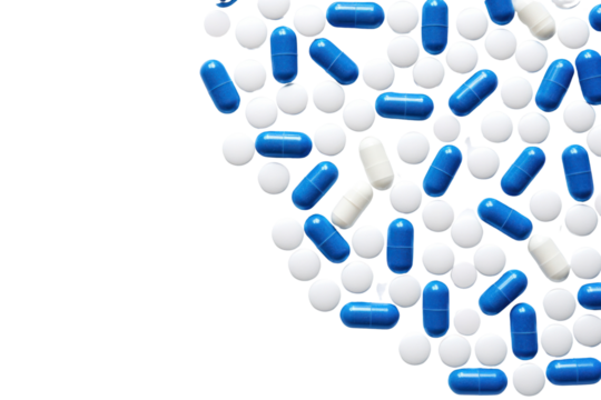 An assortment of blue and white capsules and pills with some partially visible on a white background.
