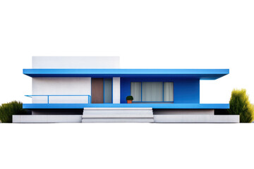 A contemporary blue house featuring a flat roof and minimalist architecture, isolated against a clean white background.