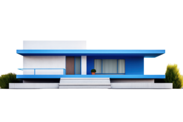 A contemporary blue house featuring a flat roof and minimalist architecture, isolated against a clean white background.