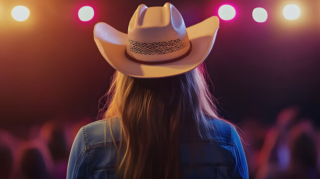 Back view of a young american woman fan of country music attending a country music concert wearing a cowboy hat and copy space