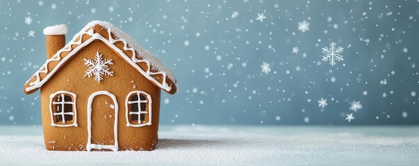 Gingerbread house with snowflakes falling gently in a Christmas backdrop full of holiday charm
