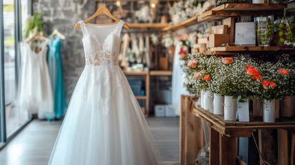 Fototapeta premium Editorial Photography of Wedding Dresses in a Stylish Wedding Clothes Shop Setting