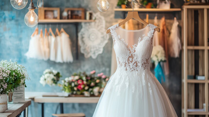 Naklejka premium Editorial Photography of Wedding Dresses in a Stylish Wedding Clothes Shop Setting