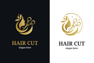 luxury Hair salon with hair and Scissors Concept logo design icon template	