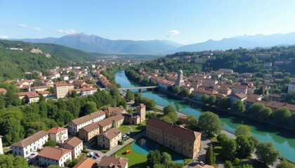 Fototapeta premium Enchanting riverside town nestled amidst natures embrace