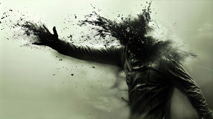 Surreal Artistic Explosion of a Man's Head into Abstract Particles and Ink
