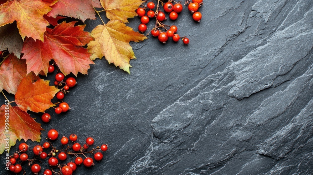 Poster autumn background with maple leaves and berries on a dark slate surface flat lay design with empty s