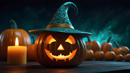 A row of pumpkins with a candle in the middle.