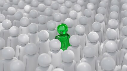 Individual with a green transparent appearance stands out in a group of white figures, symbolizing diversity, individuality, and standing out