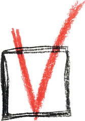 Figure of a check mark is drawn with a red pencil on an isolated background.