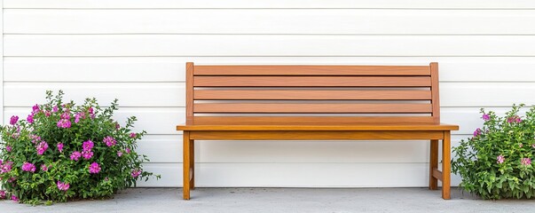 Farmhouse wooden bench on a rustic porch, vintage charm, surrounded by blooming flowers and lush greenery, soft natural light, warm and inviting atmosphere, muted earth tones