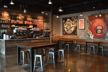 A modern coffee shop interior with wooden walls, metal stools, and a coffee bar with a professional espresso machine.