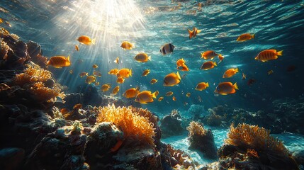 Obraz premium Underwater Coral Reef with Colorful Fish and Sunlight