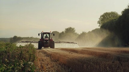 Fototapeta premium A tractor is spraying water on a field for irrigation or maintenance purposes, with potential uses in agriculture, landscaping, or construction