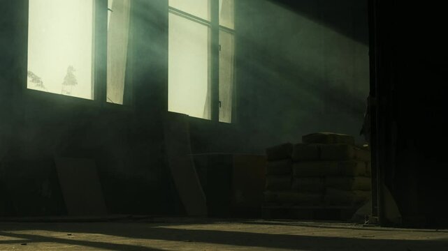 Smoke in an old abandoned building with light rays coming in from the window