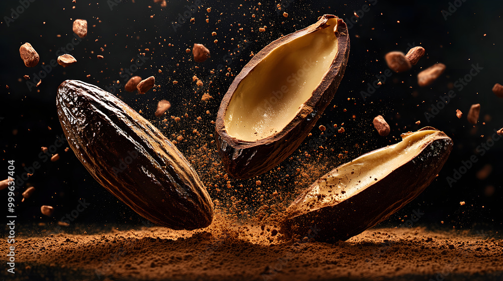 Poster close-up of split cocoa pod with cocoa nibs and powder bursting in midair, showcasing the raw textur