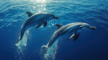 Obraz premium Dolphins Leaping Above Ocean Surface in Vibrant Blue Water