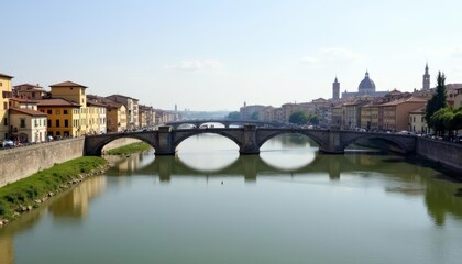 Obraz premium Tranquil riverside cityscape with stone bridge and historic buildings