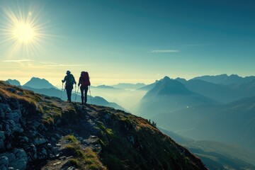 Fototapeta premium A couple stands at the summit of a mountain, enjoying the view