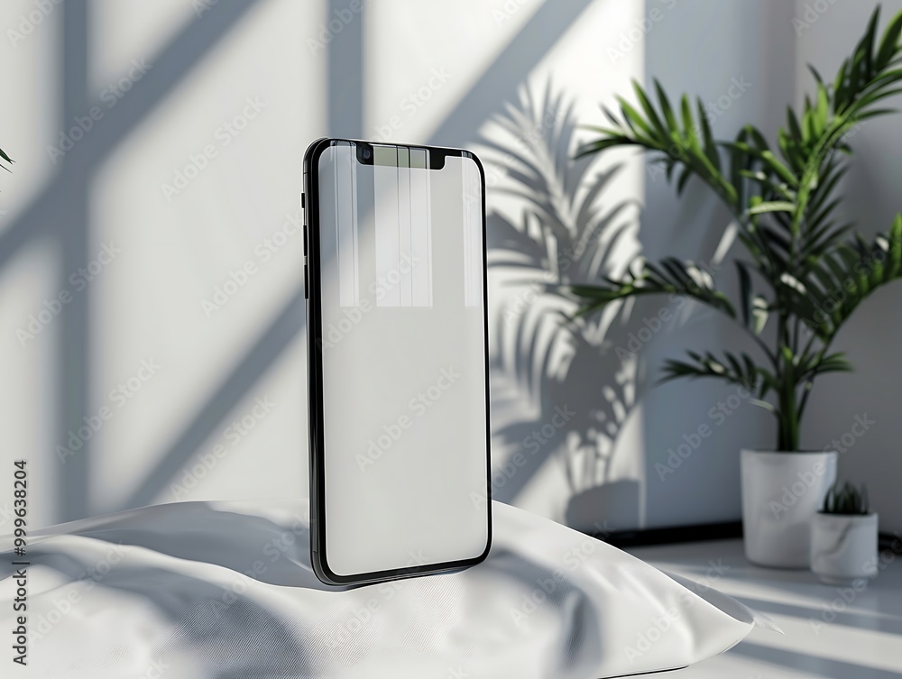 Poster smartphone with white screen on the table. 3d rendering.