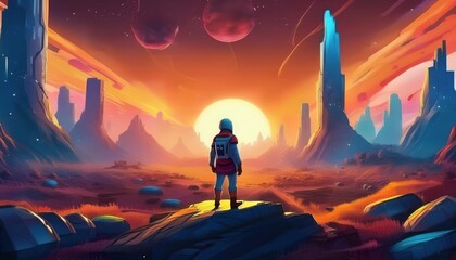 Fototapeta premium Astronaut exploring alien landscape at sunset