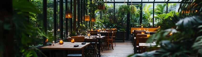 Cozy Greenhouse Pop up Restaurant with Lush Greenery and Inviting Ambiance
