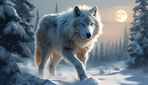 A majestic white wolf with piercing blue eyes strides through a snow-covered forest. 