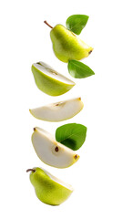 Fresh ripe pears falling isolated on transparent background