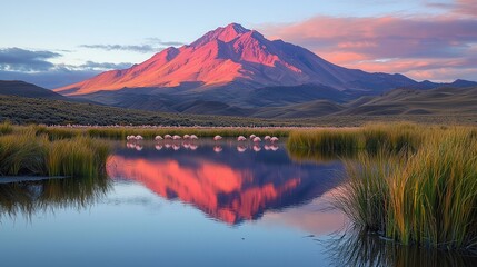 Stunning Sunset over Mountain with Reflections and Flamingos