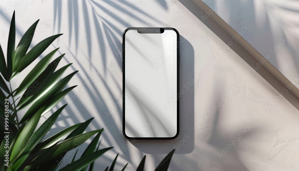 Poster smartphone with white screen on the table. 3d rendering.