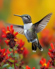 Fototapeta premium Vibrant Hummingbird Hovering Near Colorful Flowers