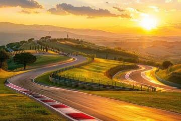 A race track with a beautiful sunset in the background, perfect for sports or outdoor themed projects