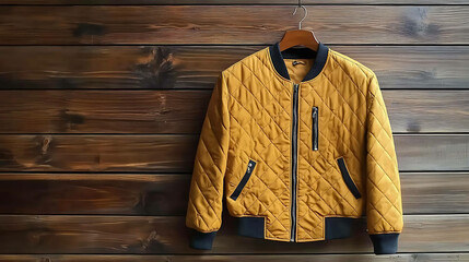 Mustard yellow quilted bomber jacket on a wooden hanger against a brown wood background.