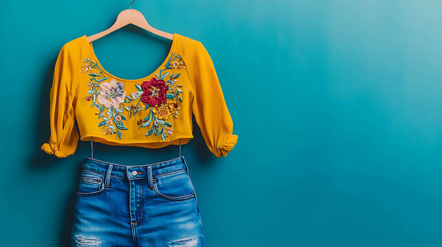 A yellow crop top with floral embroidery and blue denim shorts on a blue background. - Powered by Adobe