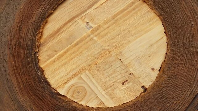 closeup footage features stump rotating slowly highlighting sawcut wood wooden circle background offering clear space r title logo design olated