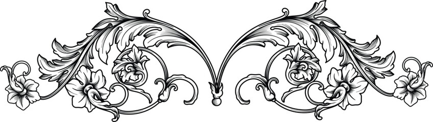 Vintage Floral baroque ornament, arabesque engraved with leaves and flowers . Victorian Filigree Border frame decorative elements, Scroll, swirl.