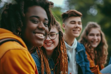 Fototapeta premium Group of teenagers or young adults gathered together, possibly having conversations or sharing moments