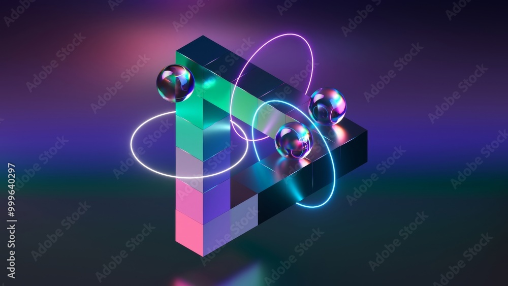 Poster 3d rendering of an impossible object with shimmering colors, neon lights revolving around it, and th