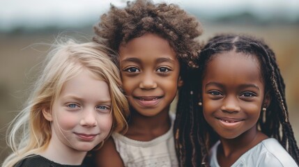 Fototapeta premium A close-up of three smiling kids with different skin colors and hair types