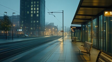A deserted tram station in the early morning, with empty seats and a quiet atmosphere, surrounded by modern buildings.
