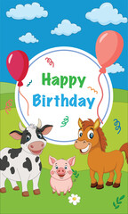 Happy Birthday Farm Animals Card with Balloons