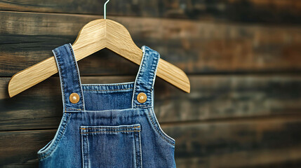 Blue denim overalls hanging on a wooden hanger against a rustic wood background.