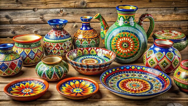 Vibrantly colored traditional botija pottery adorns a rustic wooden table, showcasing intricate designs that highlight the artistry and craftsmanship of this unique cultural heritage.
