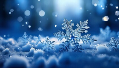 snowflakes on bokeh background in blue shades, background for text