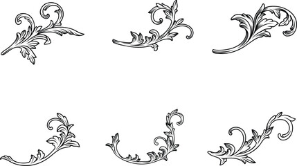 Vintage baroque engraving floral scroll ornament vector illustration. Set of Filigree elements engraved in black ink isolated on transparent background © artvector-23