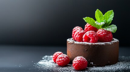  An artistic dessert presentation with a chocolate cake, garnished with fresh raspberries, mint leaves, and powdered sugar.