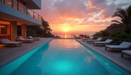 Fototapeta premium Elevated luxury Sunset by the infinity pool