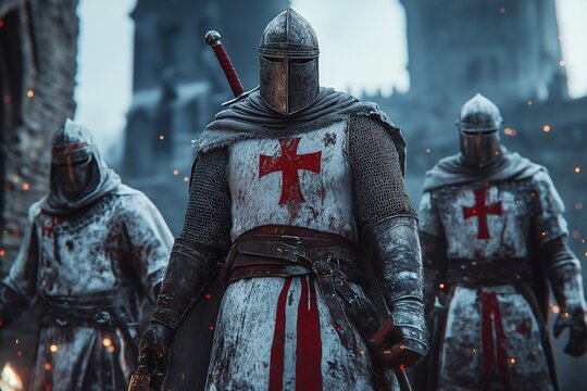 High-ranking Templars in moonlit castle courtyard at night